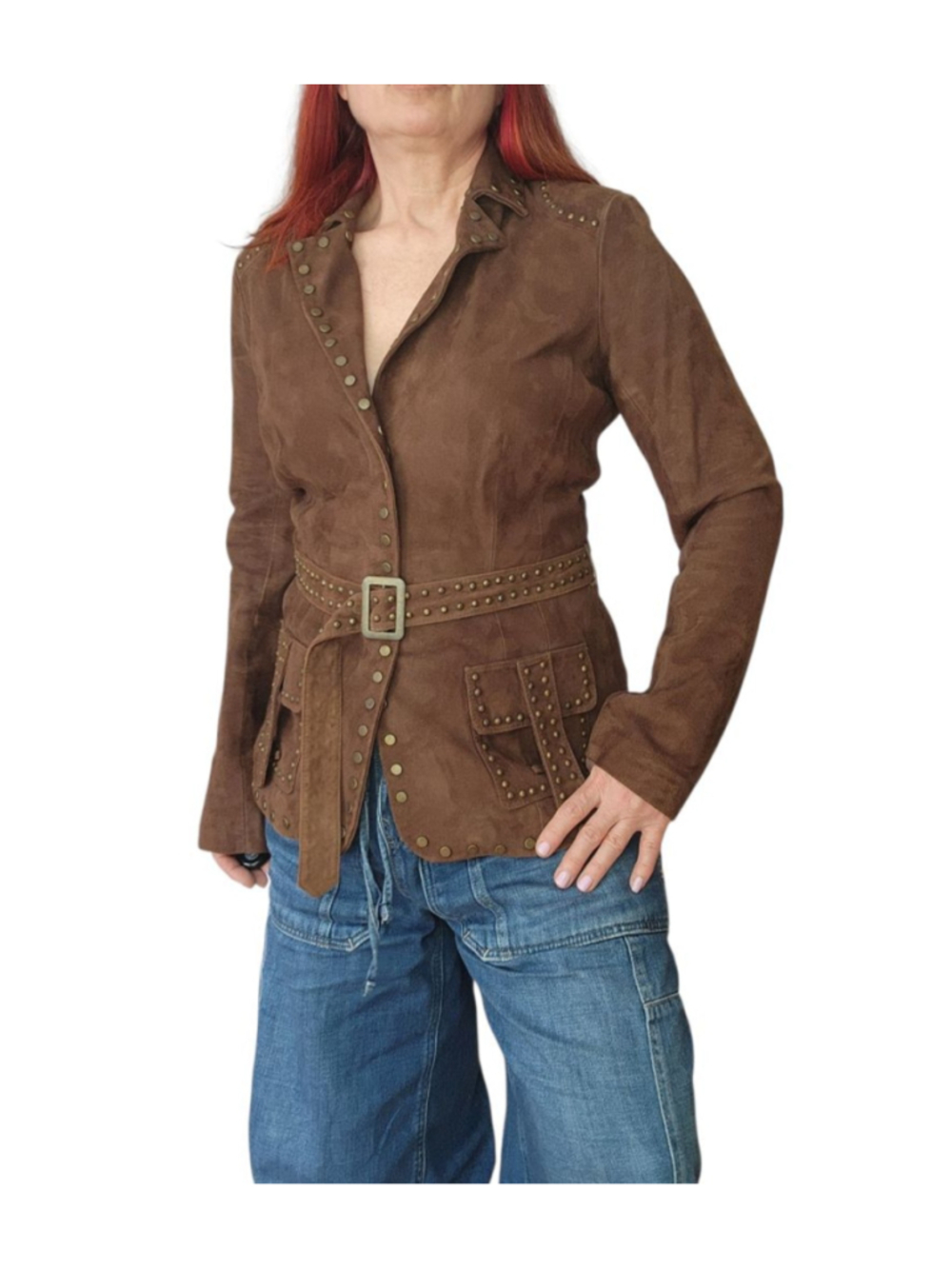 VS2 by VAKKO Vintage Brown Goat Suede Leather Studded Belted Jacket Size M